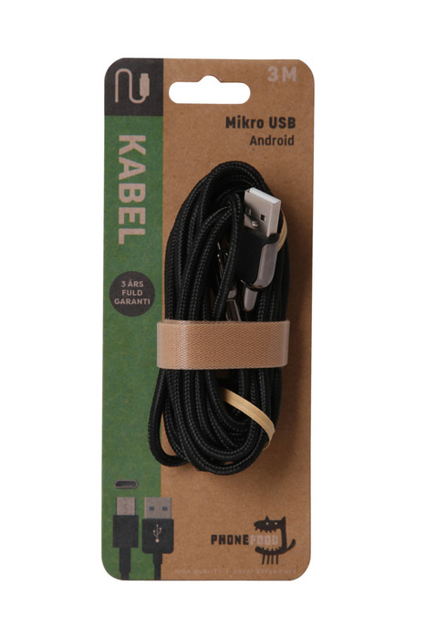 USB-A til micro USB kabel - 3 meter